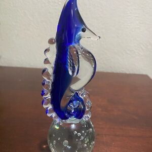Cobalt Blue, Glass Seahorse Paperweight with a Clear Bubble Filled Base